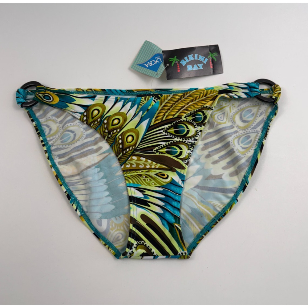 Bikini Bay Peacock Pattern O Ring Side Mid Rise Basic Bikini Bottom White 14 NWT
